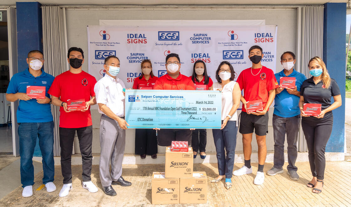 Saipan Computer Services recently donated $5,000 in cash and golf gear to the Northern Marianas College, in support of NMC's upcoming golf open on March 19, 2022 at the LaoLao Bay Golf and Resort. In photo from left is SCS employee Bryan Fabre, NMC student Vincent Tudela, SCS General Manager Jerry Tiu, Lisa Marcelo of Ideal Signs, NMC student Jefferson Cunanan, SCS employee Grace delos Santos, SCS Managing Director Kazuko Kawabe, NMC student Jermaine Salas, Rowel Mariano of Ideal Signs, and NMC Foundation Program Coordinator Carla Sablan.